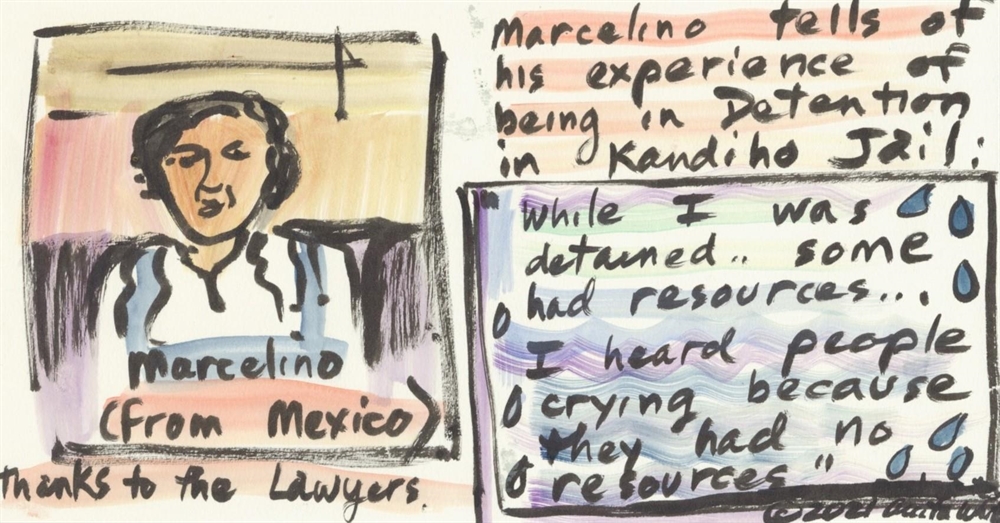 Watercolor illustration of immigration court proceeding. Respondent Marcelino (from Mexico) is pictured on the left weather a white shirt and blue overalls. On the right is text: Marcelino tells of his experience of being in detention in Kandiyohi jail. Quote: While I was detained some had resources. I heard people crying because they had no resources.